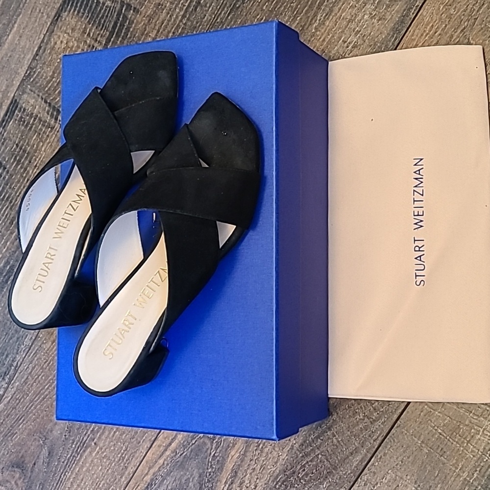 Stuart Weitzman Aletha 50 Block Heel Black Sandals, 5.5